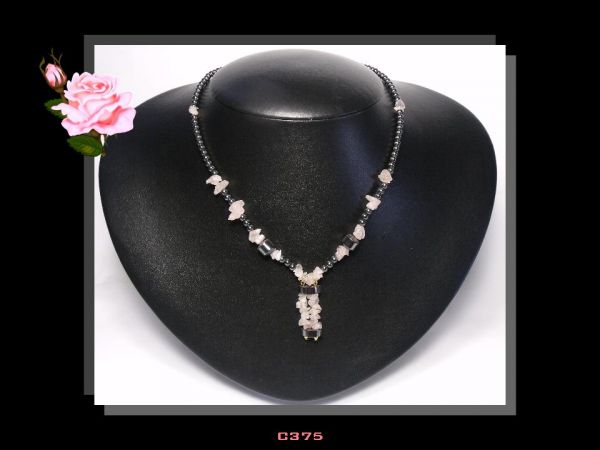 Colar Pedra Natural Quartzo Rosa e Hematita Bijoux Fina Cód.375C