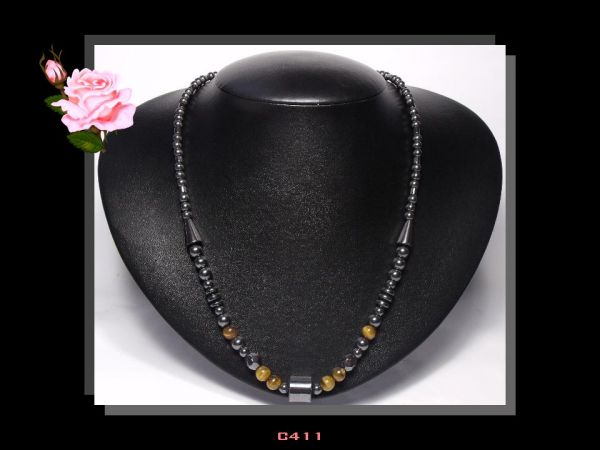 Colar Médio Olho de Tigre Marrom e Hematitas Bijoux Fina Cód.411C