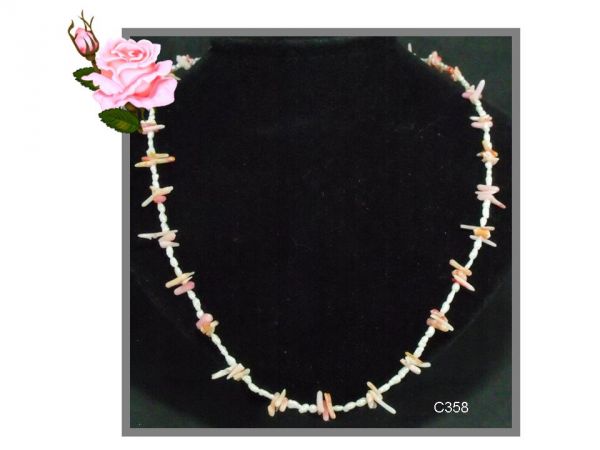 Colar Artesanal Pérolas Arroz e Coral Cascalho Rosa Cód.358C