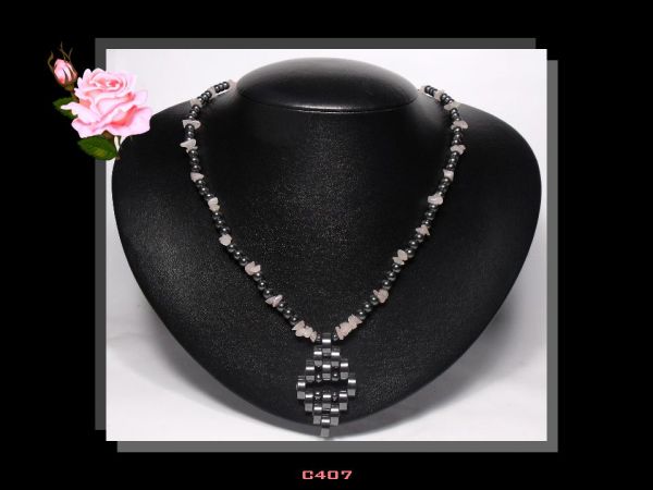 Colar Quartzo Rosa e Hematita Médio Biojóia Bijoux Fina Cód.407C