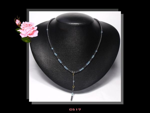 Colar Médio Ágata Azul Hematita Ping. Bijoux Fina Biojóia Cód.517C