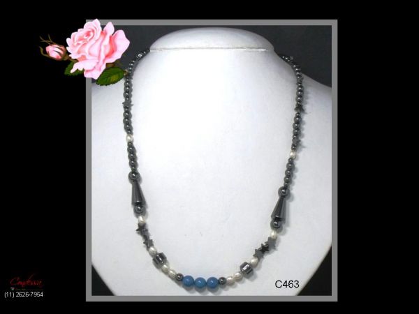 Colar Artesanal Turquesa 8mm Pérolas e Hematitas. Cód.463C