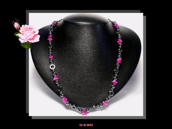 Colar Longo Pedras Ágata Pink Hematitas Bijoux Fina Biojóia Cód.490C