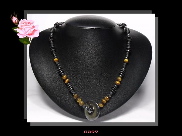 Colar Médio Olho de Tigre e Hematita Biojóia Bijoux Fina Cód.397C