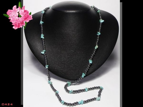 Colar Fashion Longo Delicado Turquesas e Hematitas Bijóias  Cód.424C