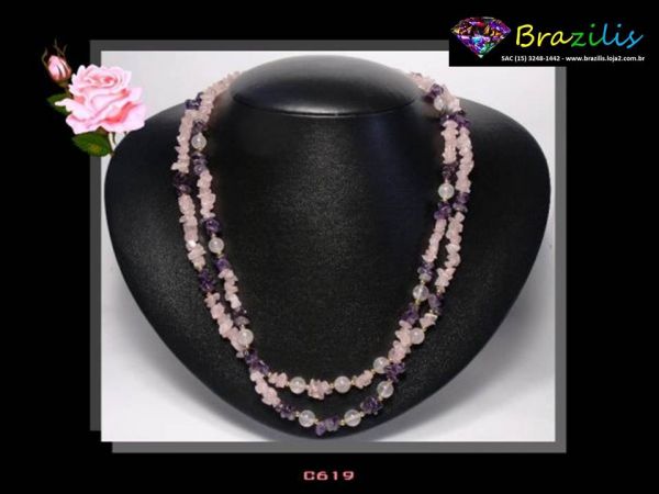 Colar 2 Fios Quartzo Rosa e Ametista Natural Cód.619C